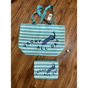 Vera Bradley Factory Style Straw Tote Peacock Garden Print Wristlet Bundle New